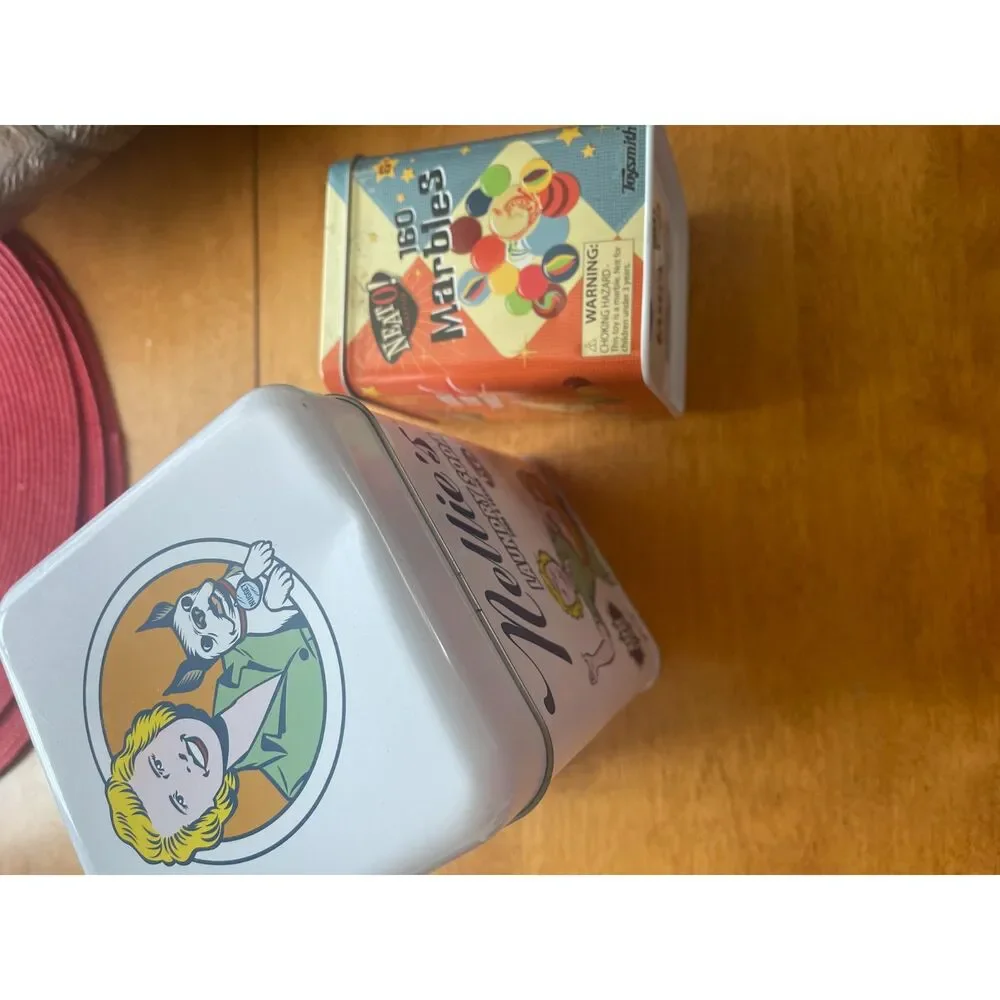 Lot of 2 Tins Nellie's Laundry Detergent & Neto Marbles ~Storage Advertising